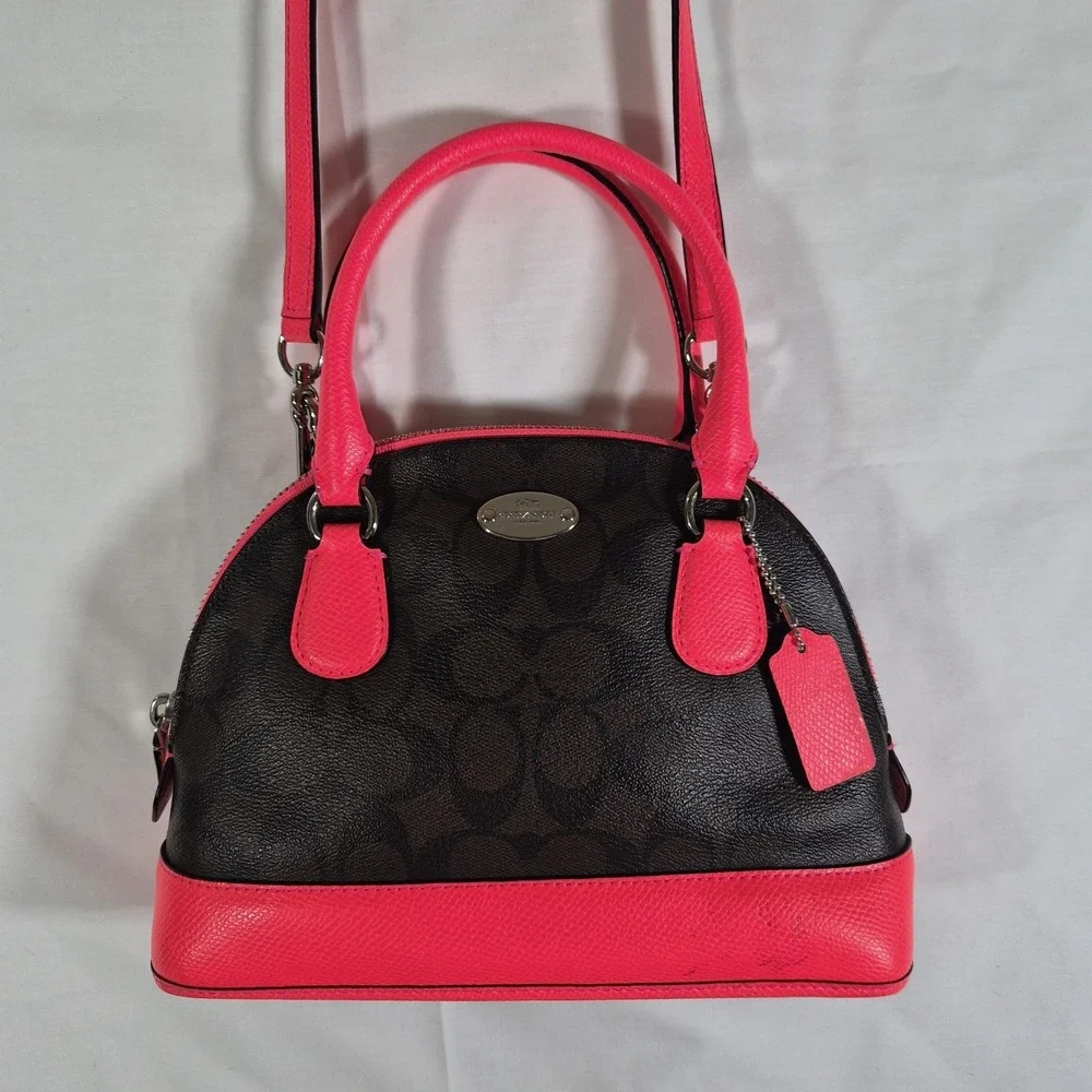 Coach Signature Dome Satchel‎ Bag Brown Pink Leather Crossbody Purse